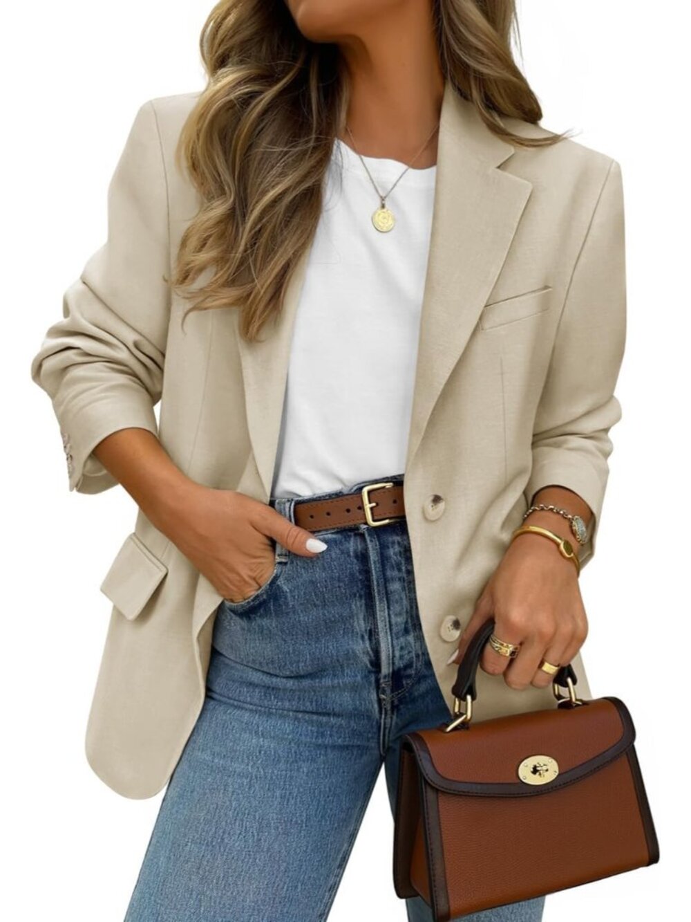 〽️Women Apricot Business Casual Lapel Lightweight Soft Long Sleeve Front Blazer
